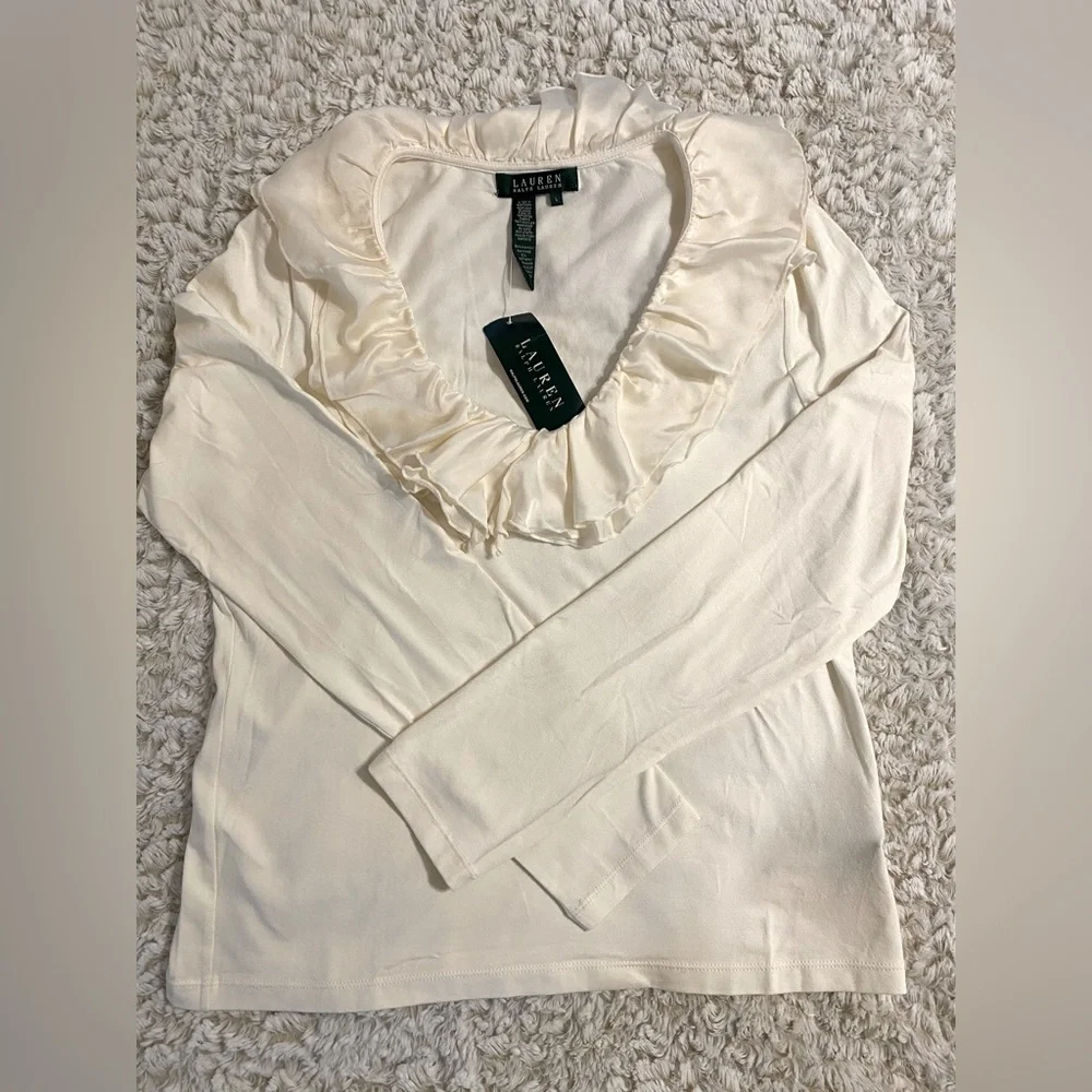 NWT Ralph Lauren Women’s Size L Cream long Sleeved Ruffled Collar Top - Picture 2 of 5